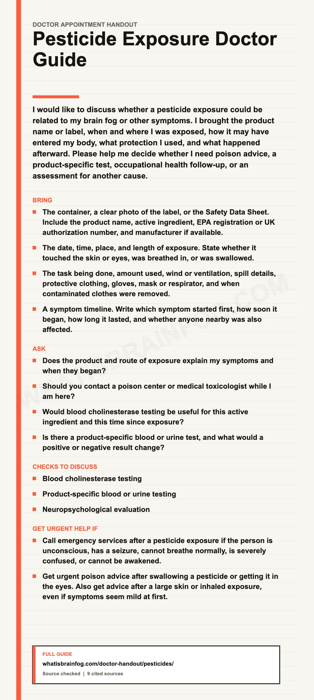 Pesticide Exposure: Symptoms, Product Details and Medical Help, a doctor appointment handout from What Is Brain Fog.