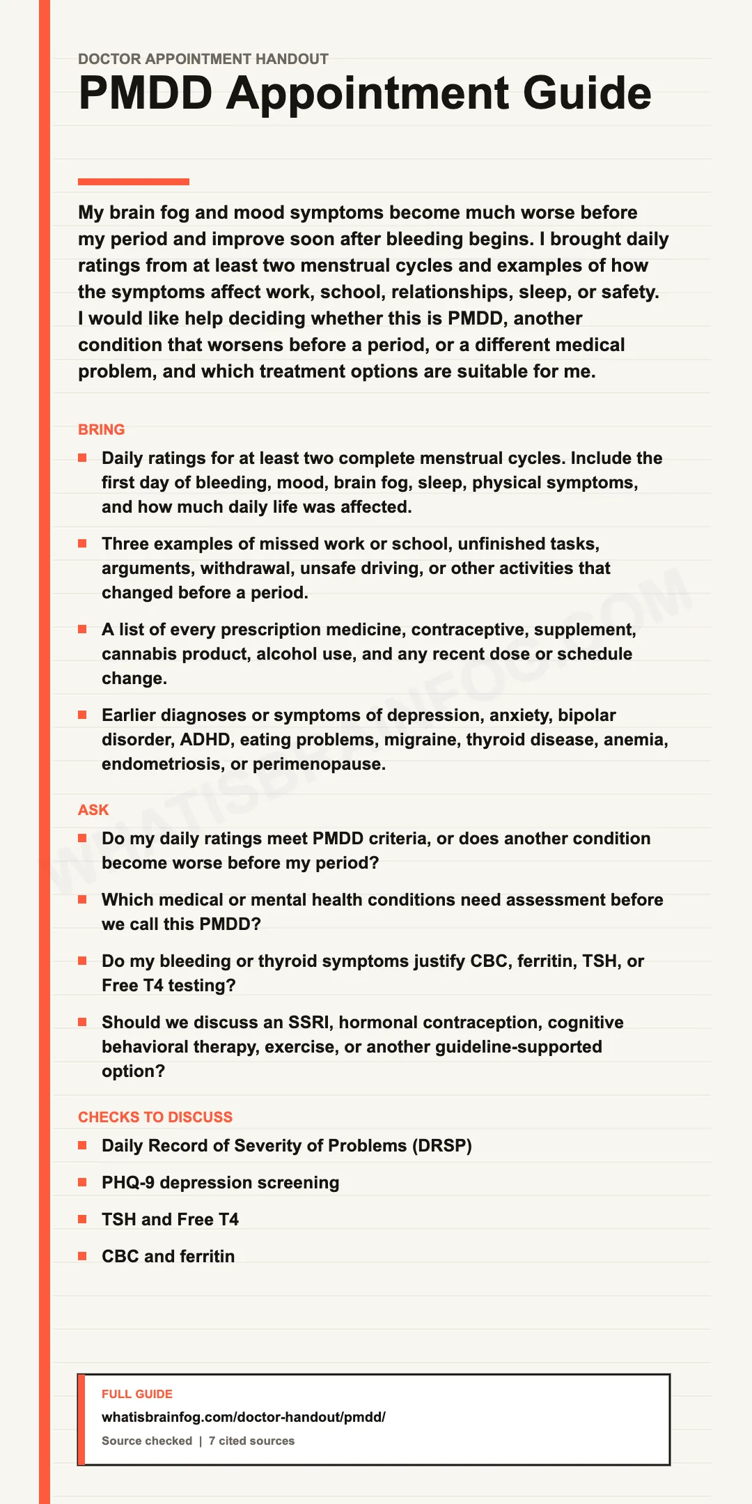 PMDD and Brain Fog: Daily Symptom Record and Questions, a doctor appointment handout from What Is Brain Fog.