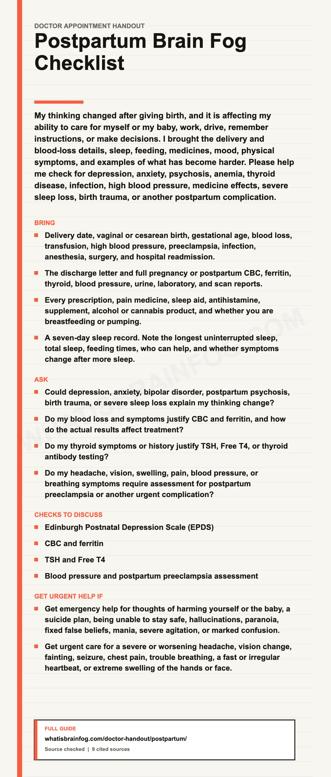 Brain Fog Postpartum: What to Ask Your Doctor, a doctor appointment handout from What Is Brain Fog.