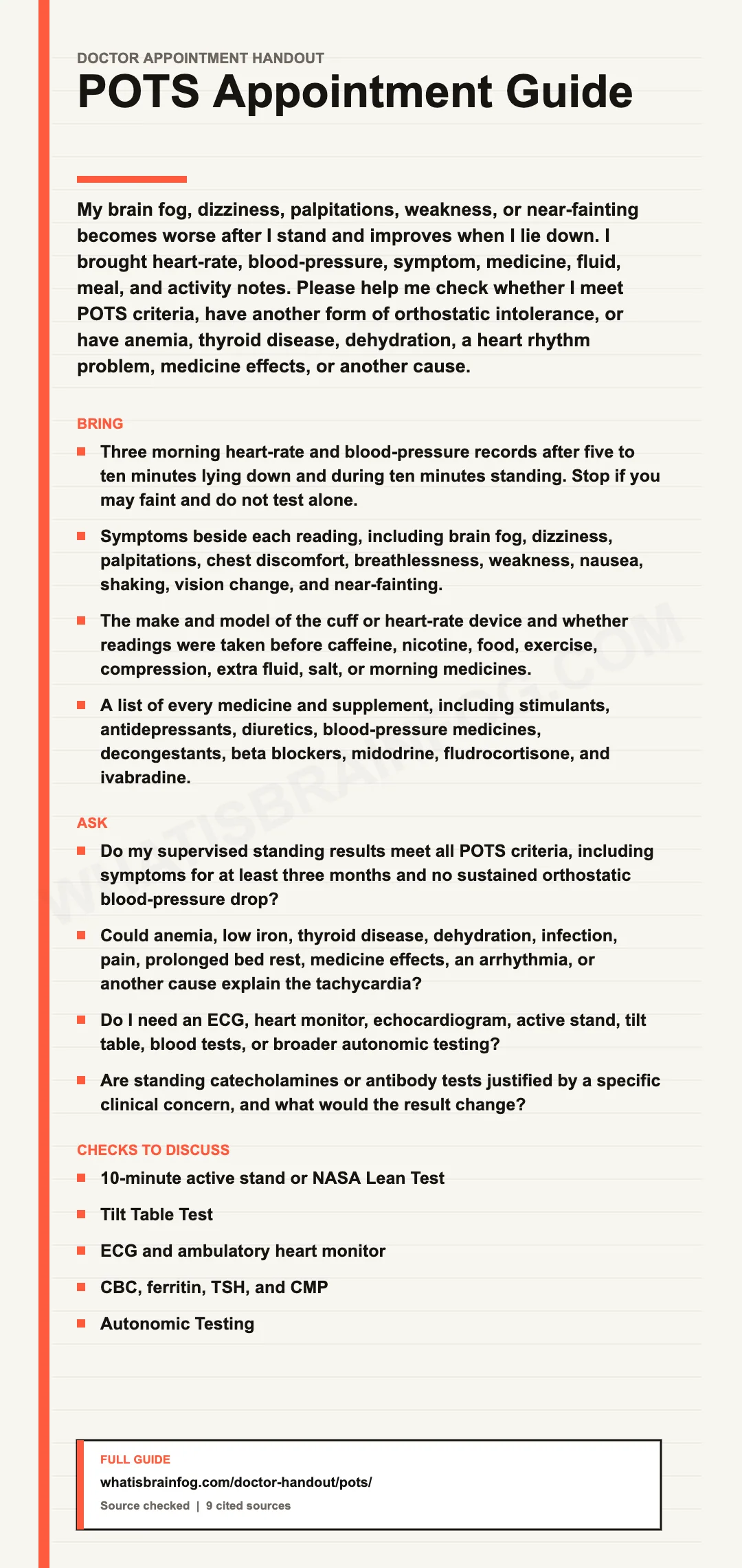 POTS and Brain Fog: Standing Test Appointment Guide, a doctor appointment handout from What Is Brain Fog.