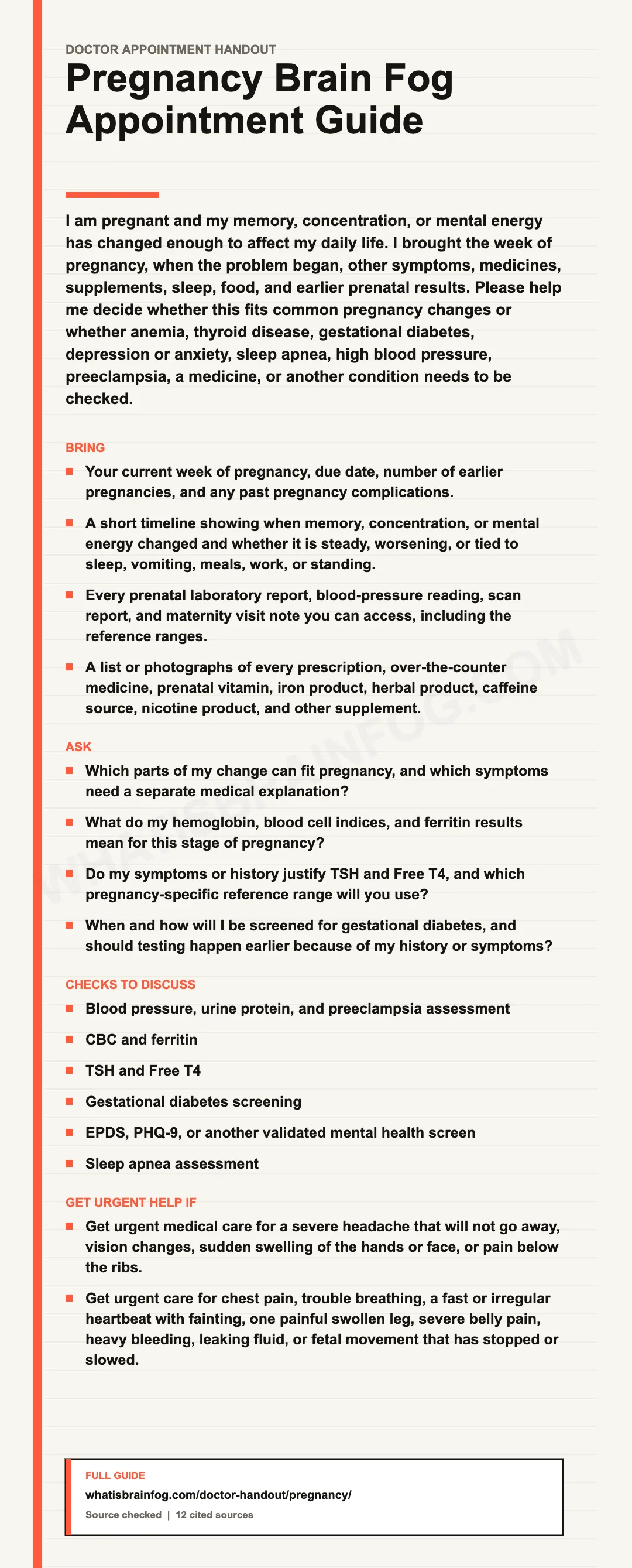 Pregnancy Brain Fog: Symptoms, Blood Tests and Doctor Questions, a doctor appointment handout from What Is Brain Fog.