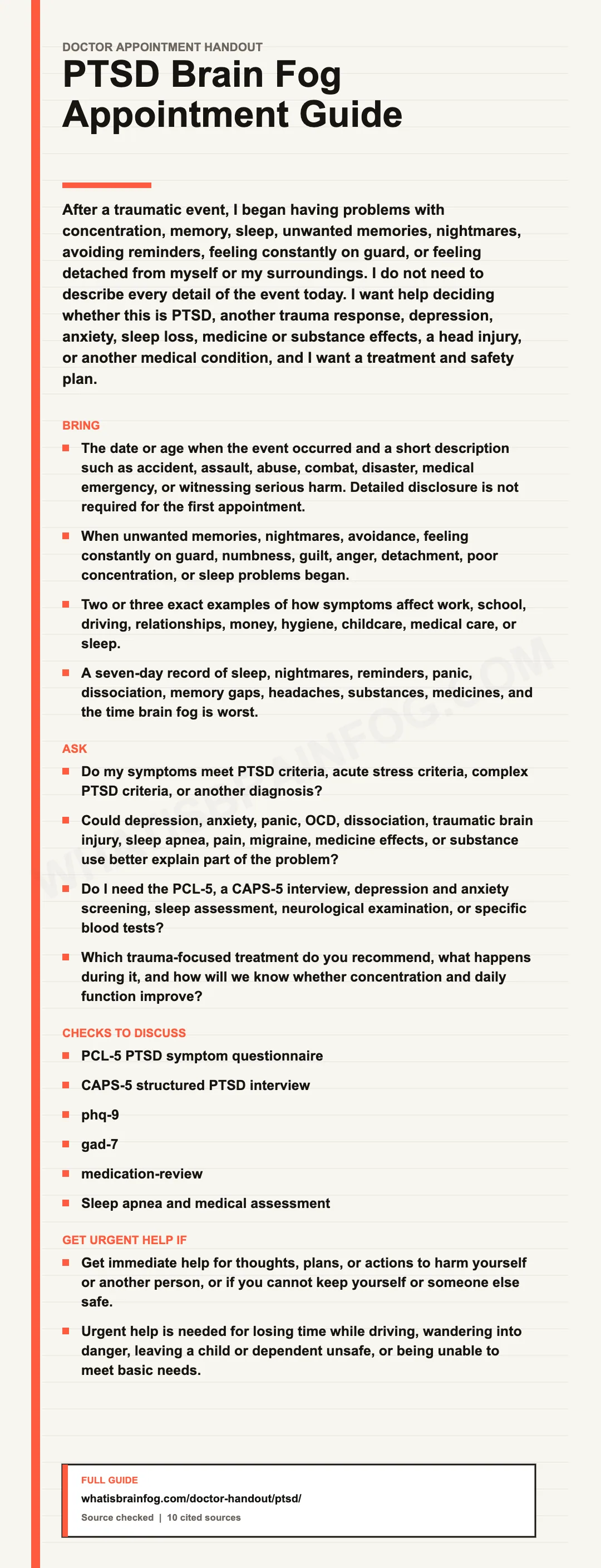 PTSD and Brain Fog: Memory, Sleep and Treatment Questions, a doctor appointment handout from What Is Brain Fog.