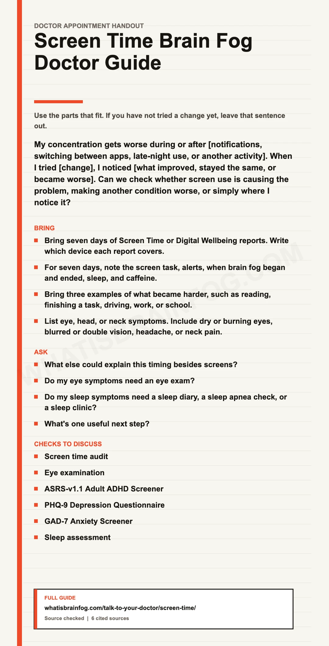 Screen Time and Brain Fog: Doctor Visit Checklist, a doctor appointment handout from What Is Brain Fog.