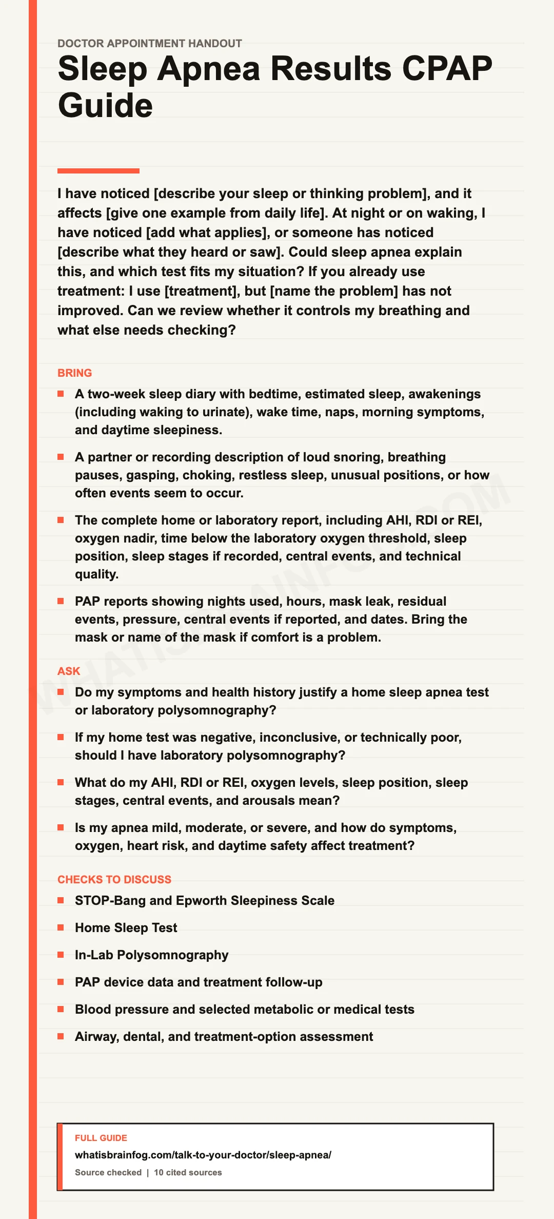 Sleep Apnea and Brain Fog: Sleep Study and CPAP Questions, a doctor appointment handout from What Is Brain Fog.