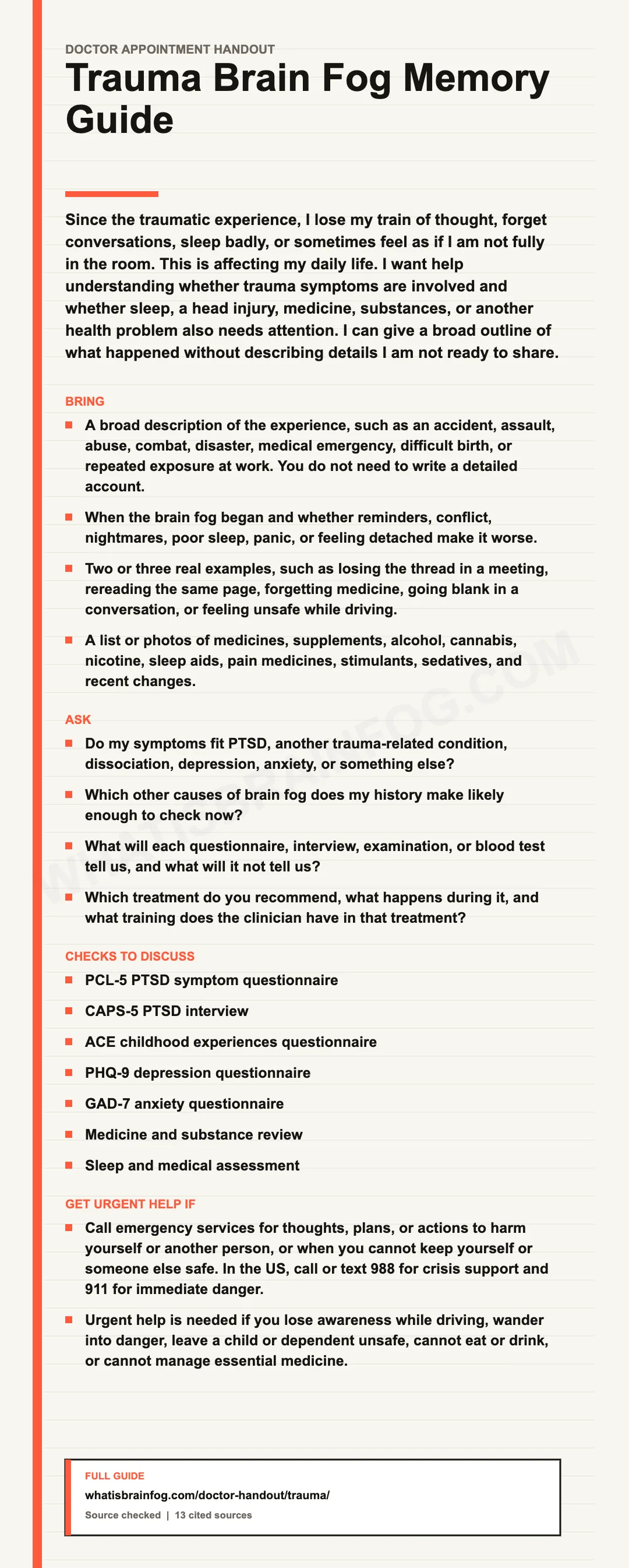 Can Trauma Cause Brain Fog? Memory and PTSD Appointment Guide, a doctor appointment handout from What Is Brain Fog.