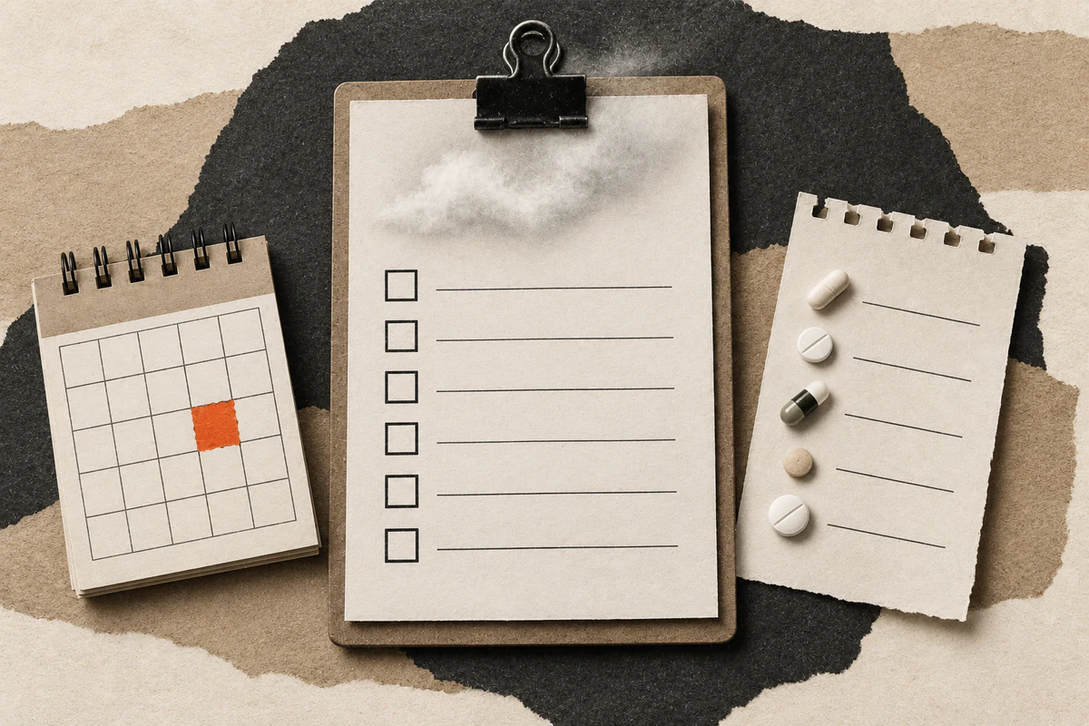 Appointment checklist, medicine list and calendar arranged for a brain fog doctor visit.