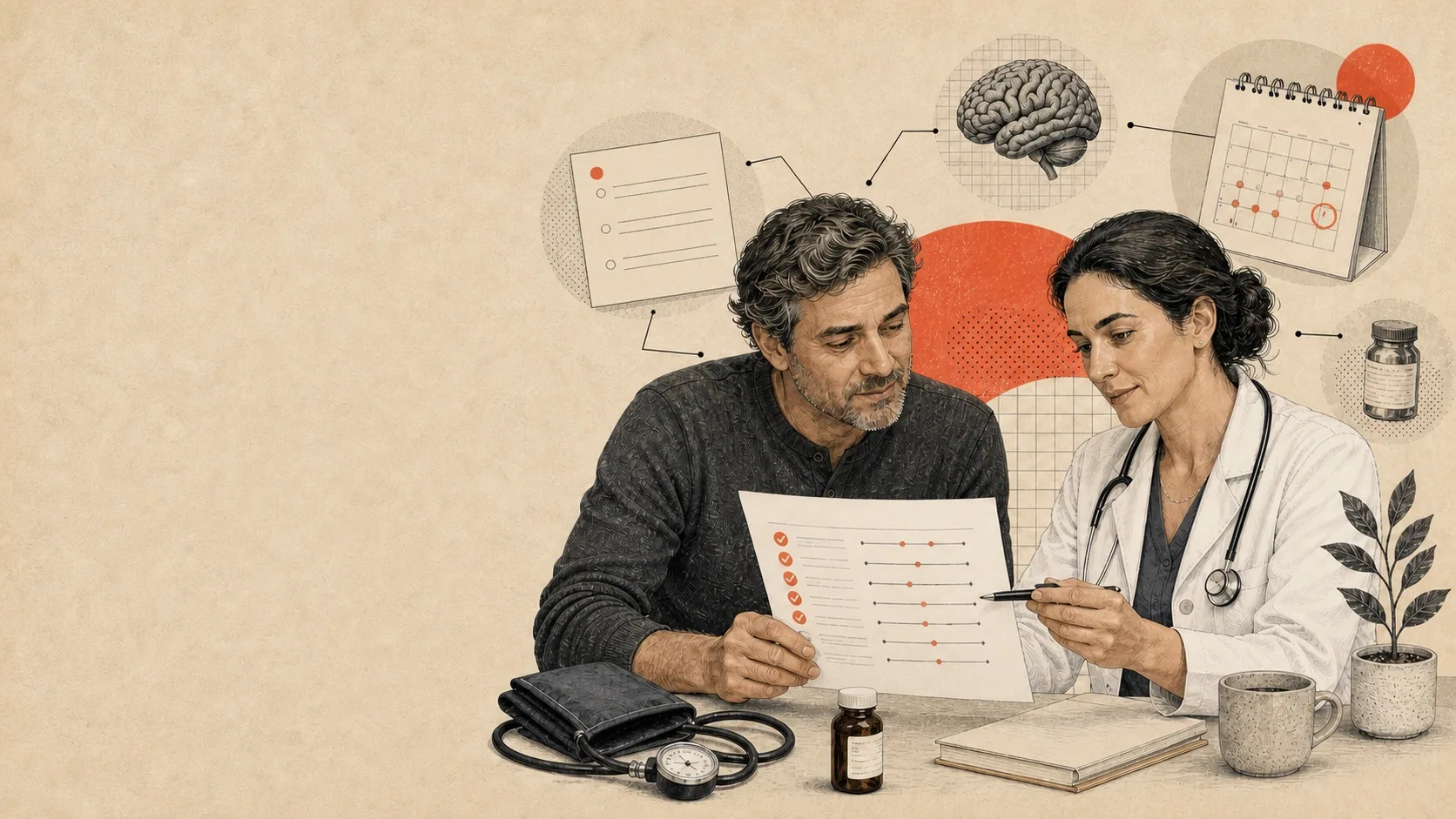 A patient and doctor review a normal laboratory report alongside a symptom timeline and blood-pressure cuff