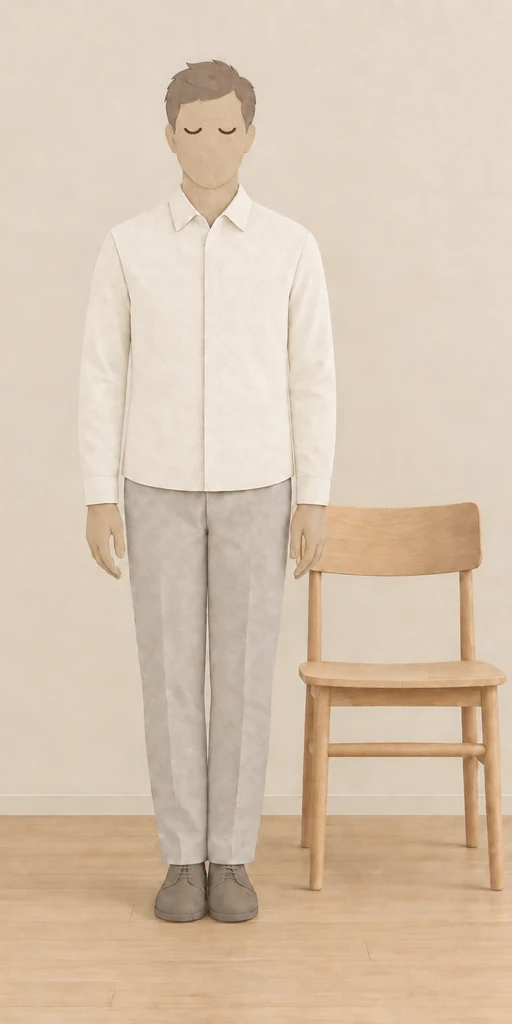 A woman standing with her feet together and eyes closed, without holding the nearby chair.