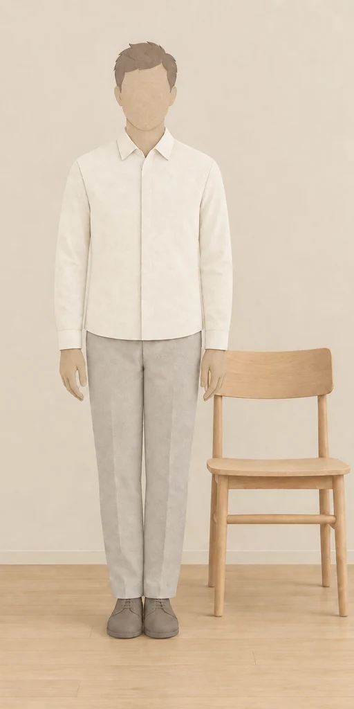 A woman standing with her feet together and a chair within reach.