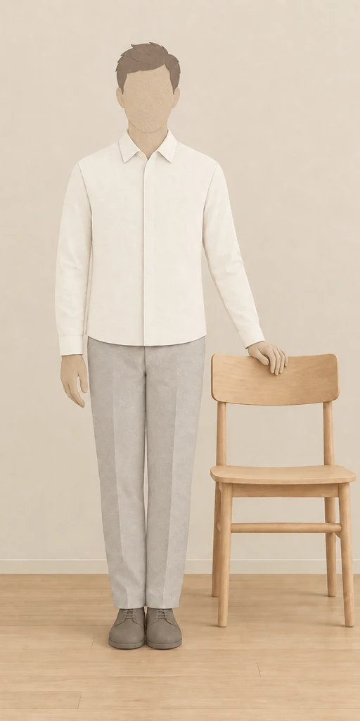 A woman standing beside a sturdy chair with her hands free.