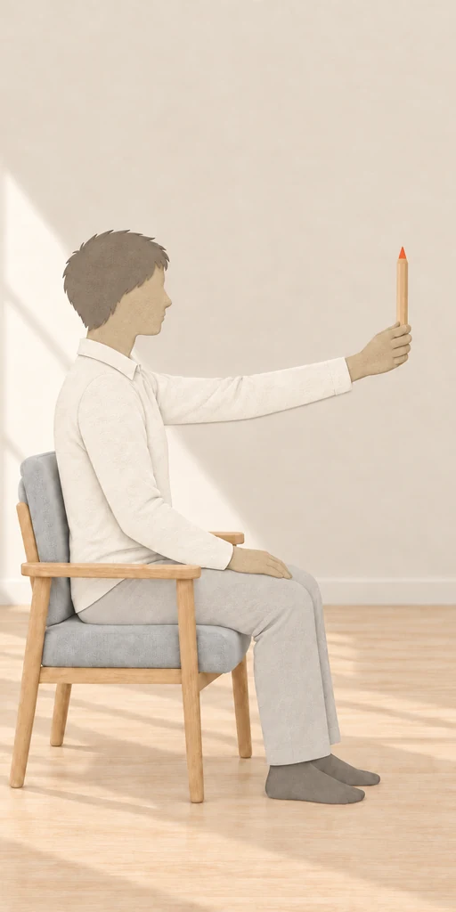 A woman looking at a pen held at arm’s length.