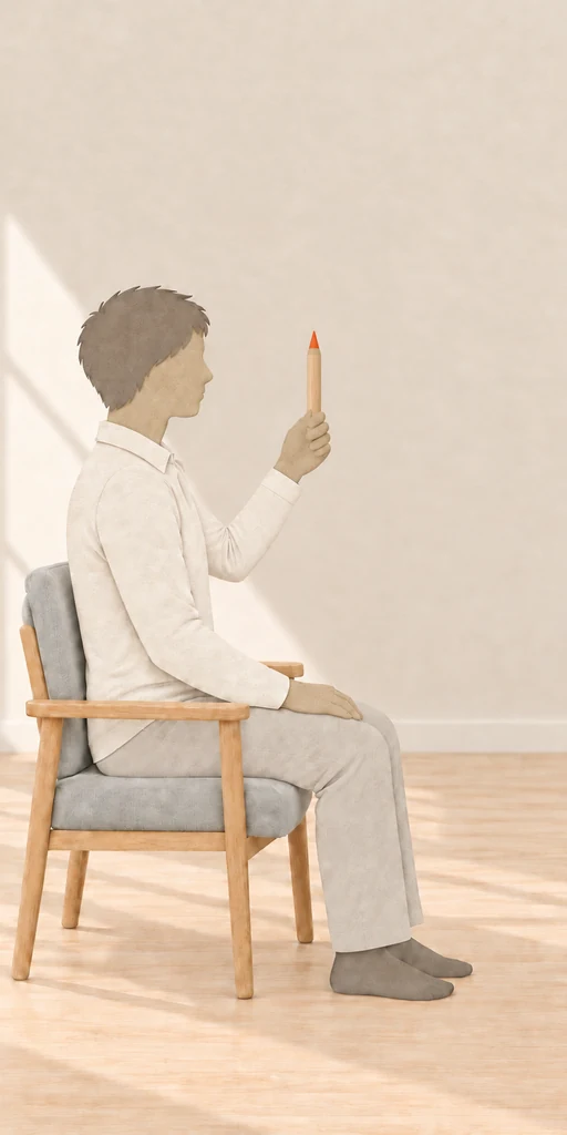 A woman following a pen as it moves toward her face.