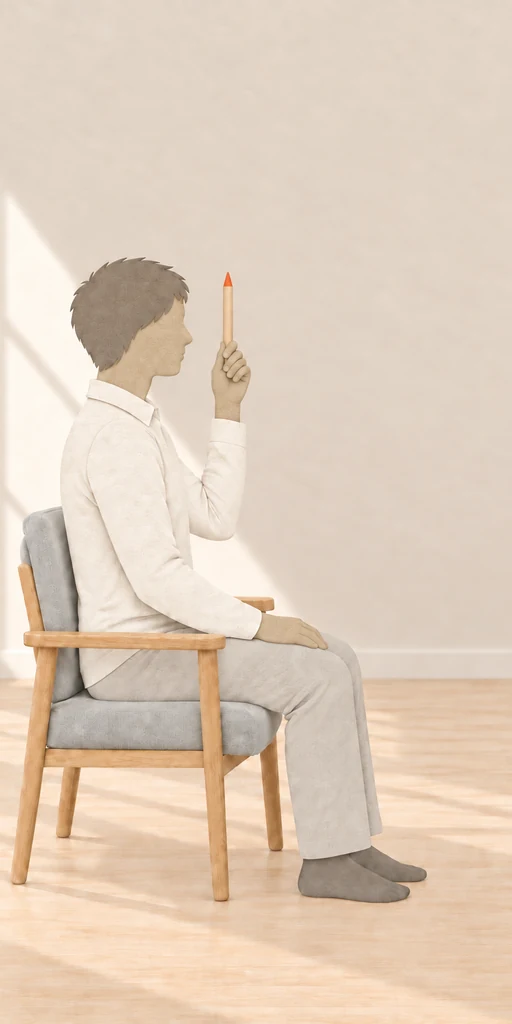 A woman looking at a pen held close to her nose.