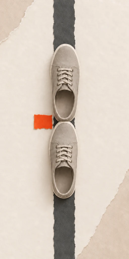 A close view of one shoe heel touching the toes of the other shoe on a line.
