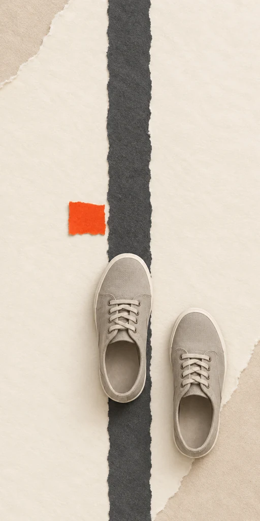 Shoes positioned at the start of a straight floor line.