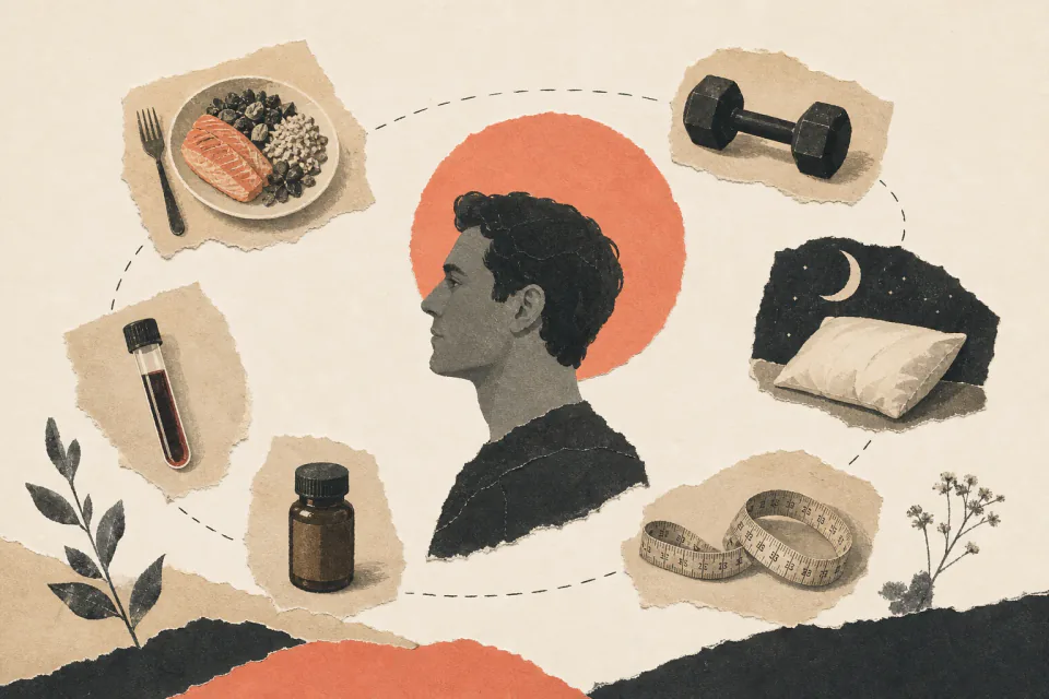 A paper collage connecting food, strength training, sleep, body composition, medicine review and a blood test