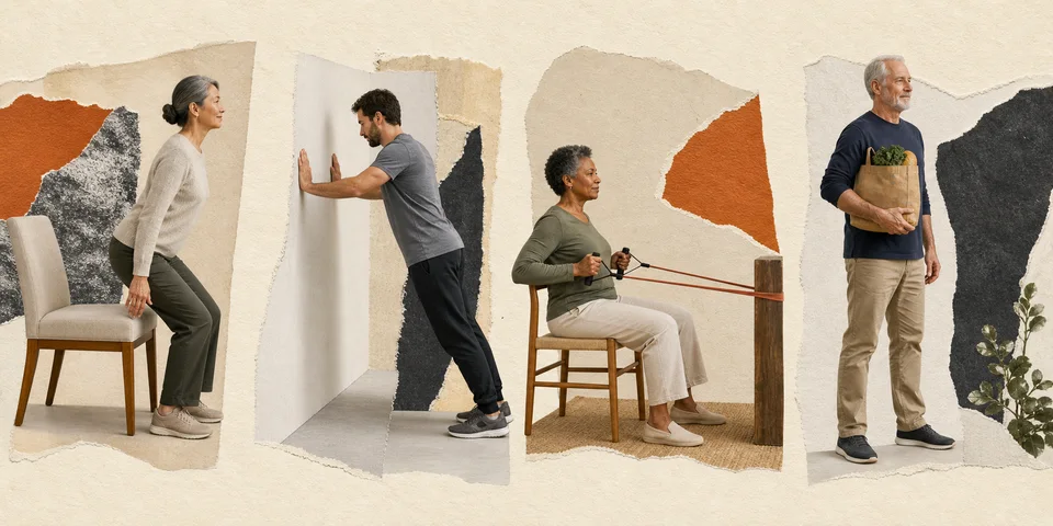 Four strength movements showing a chair stand, wall push, seated resistance-band pull, and a light carry
