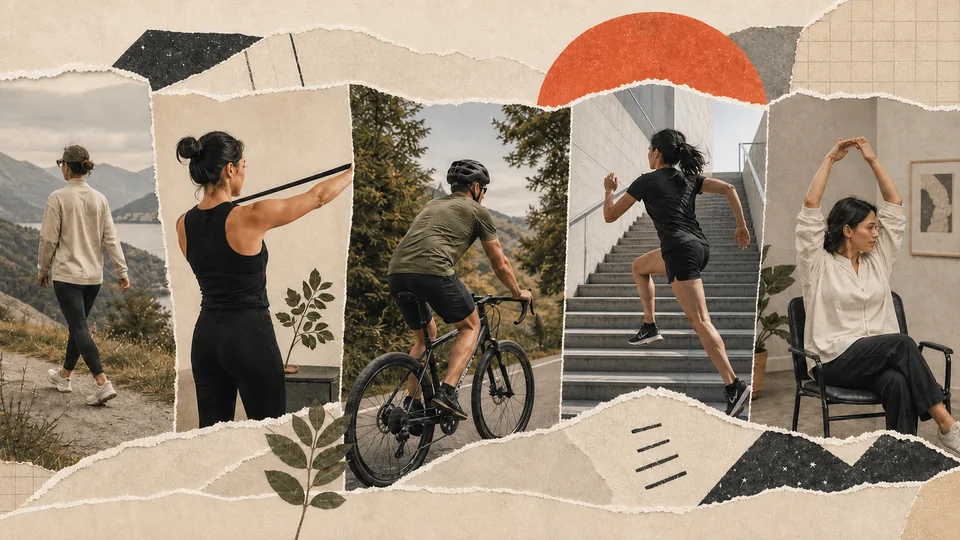 A paper collage showing walking, resistance-band exercise, cycling, stair intervals, and a seated stretch