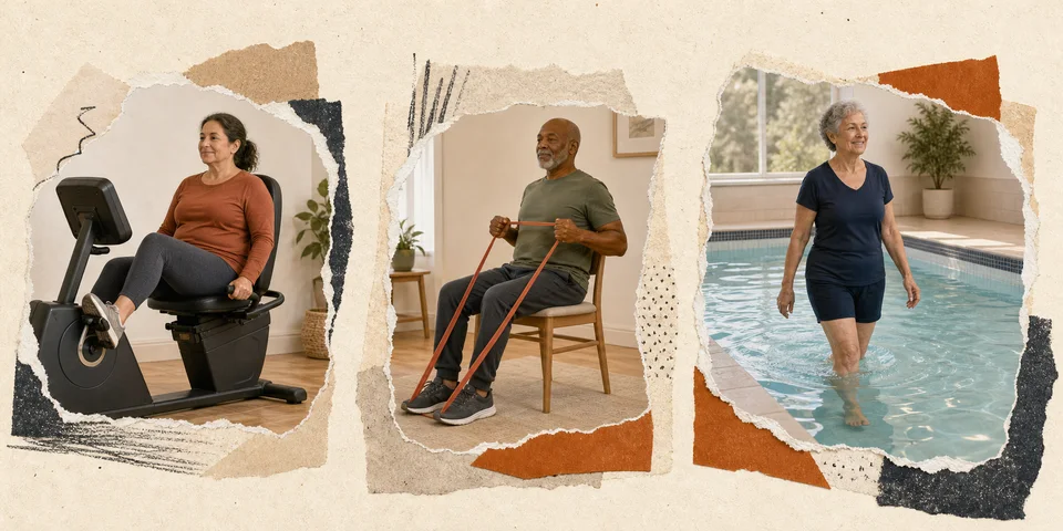 Three lower-upright exercise options showing a recumbent bike, a seated resistance-band pull, and gentle movement in a pool