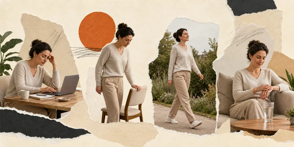 Four moments showing a woman at her desk, standing beside a chair, and taking a short easy walk
