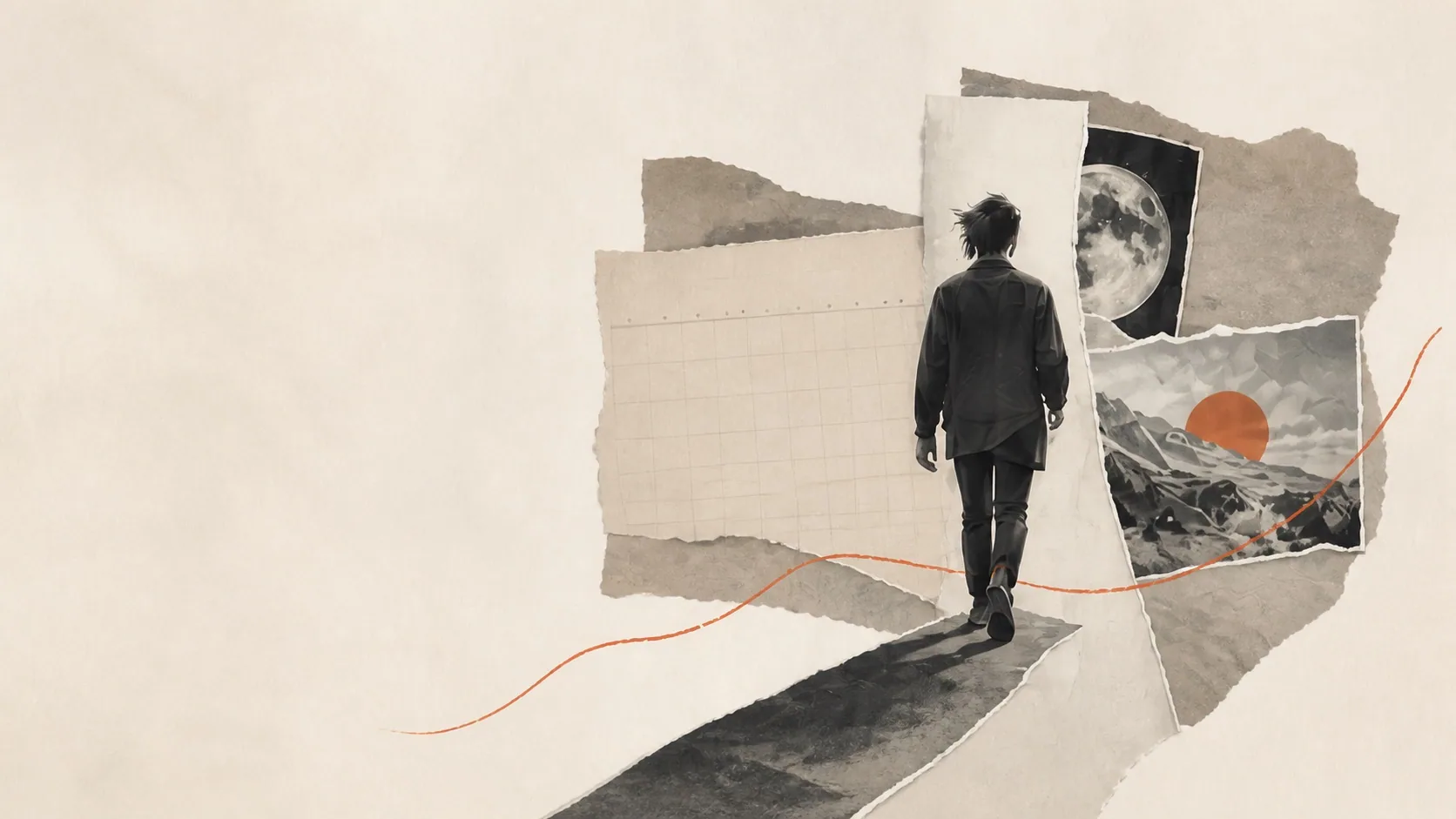 Paper collage of a person walking toward a mountain horizon beside an uneven coral line.