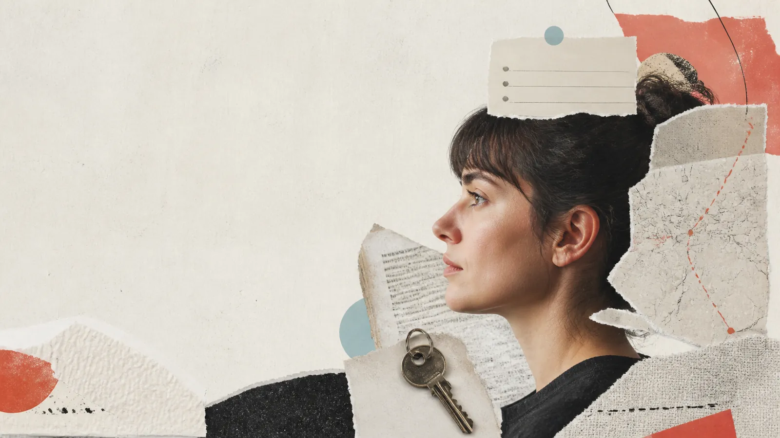 A paper collage of a woman beside a book, keys, and a broken route line