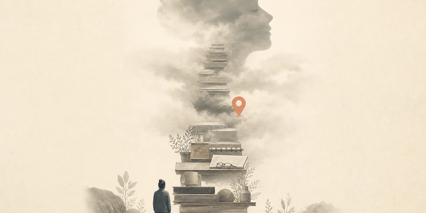 A person facing a path of books and steps leading toward a map marker